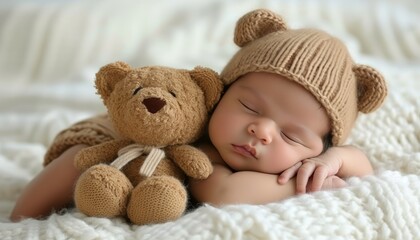 Adorable newborn baby sleeping on white bed with cute plush toy, copy space for text placement