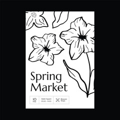Spring market poster with ink hand-drawn flowers. Naive art, black and white natural design template.