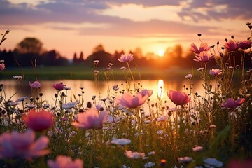 Vibrant wildflowers blooming by a lake during a golden sunset.