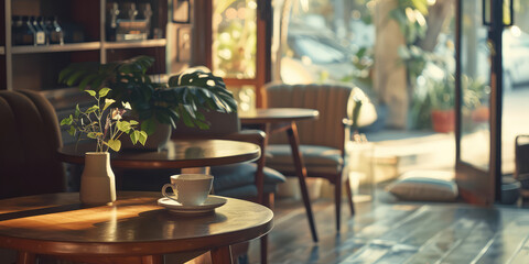 Cozy Coffee Shop Interior with Morning Light. Warm sunlight in through a cozy coffee shop, steaming cup of coffee, wooden table, soft sofa chairs.