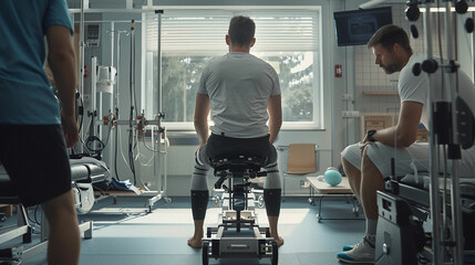 a man on a stationary bike in a hospital room - obrazy, fototapety, plakaty