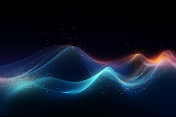 Ethereal blue and orange wave of light particles on dark background.