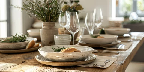 Foto op Aluminium Elegant Rustic Table Setting. Wooden vintage table with plates and cutlery, rustic kitchen background. © IndigoElf