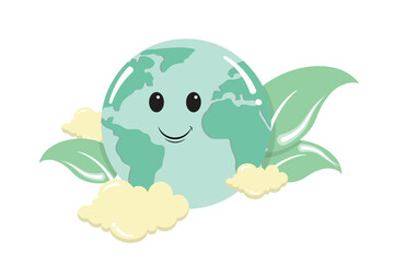 Vector childish style globe earth with cityscape around on blue background. Nature and environment concept earth illustration. World earth day design element. Save Planet.