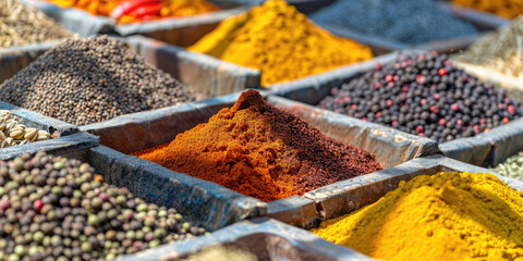 Exotic Spices Piled at Market Stall. Vibrant heaps of various spices creating a colorful landscape in a market, with copy space.