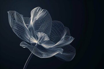 A single wireframe flower against a dark background, combining nature and technology.