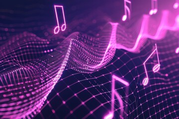 A digital wave with neon musical notes symbolizing digital sound and rhythm.