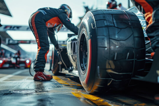 close-up of a professional pit crew changing the tires on a race car during a pitstop