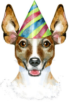 Watercolor portrait of jack russell terrier in party hat