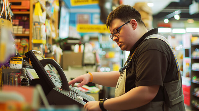 A man working at a cash register, the importance of social adaptation and support with Down syndrome, inclusion and diversity and equal opportunities in society.