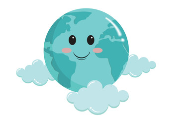 Vector childish style globe earth with cityscape around on blue background. Nature and environment concept earth illustration. World earth day design element. Save Planet.