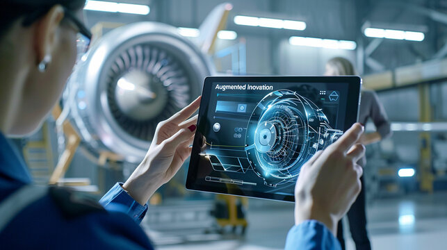a woman holding up a tablet with a picture of a jet engine