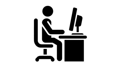 Person at the computer symbol. Computer work icon. Office work sign. Remote work symbol. Isolated. Transparent Background.