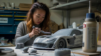 a woman is making a model of a car - obrazy, fototapety, plakaty