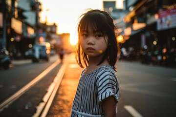 Fototapeta premium Asian little girl walking on the street at sunset in Bangkok, Thailand