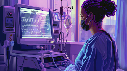 a woman in a hospital room looking at a monitor