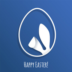 Easter greeting card with bunny ears. Abstract paper cut illustration. Copy space for text. Easter rabbit with lettering Happy Easter on blue background.