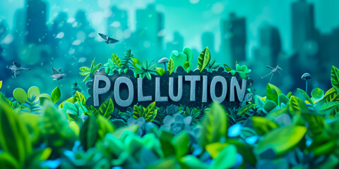 "POLLUTION" written on a vegetation, a big city on background, ECOLOGY concept