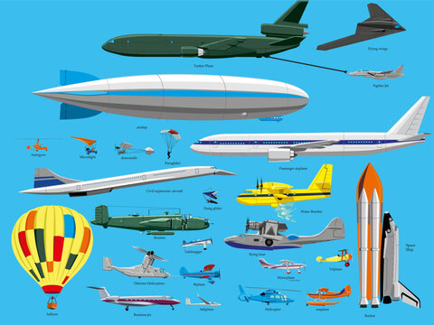 A large set of airplanes and flying equipment. Types of flying equipment.