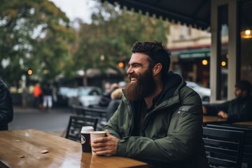 Handsome bearded man with a cup of coffee in the city