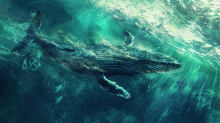 Fototapeta premium whale swims in the water, jumps out of the water against the background of ice. Background with the image of cart animals for advertising travel, scuba diving, desktop wallpaper.