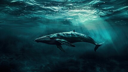 Fototapeta premium whale swims in the water, jumps out of the water against the background of ice. Background with the image of cart animals for advertising travel, scuba diving, desktop wallpaper.