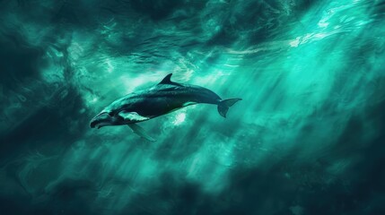 Obraz premium whale swims in the water, jumps out of the water against the background of ice. Background with the image of cart animals for advertising travel, scuba diving, desktop wallpaper.