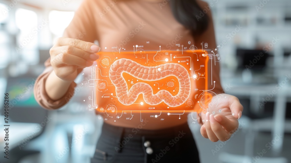 Poster 3d rendering of human intestine x ray holographic scan projection with copy space