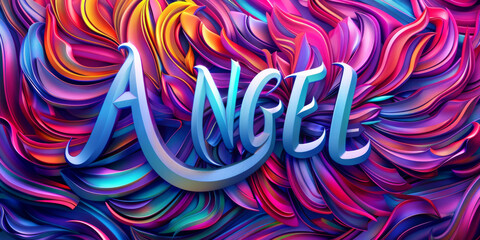 Text "Angel" Glowing, stylized angel wings on a absrtract background Pair of angel or bird wings art background.