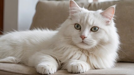 Obraz premium White siberian cat lying on sofa at home