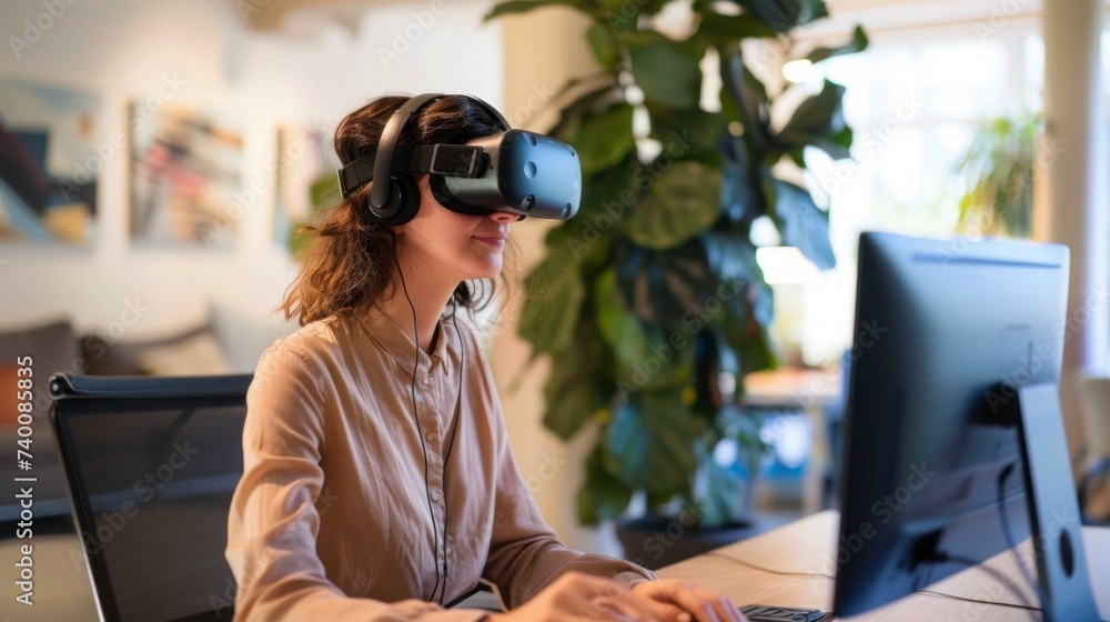 Wall mural beautiful woman in an office working with virtual reality glasses - Wall murals