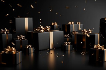 Black Arranged Gifts boxes with black ribbon and bow on black background. Black Friday concept, Generative AI