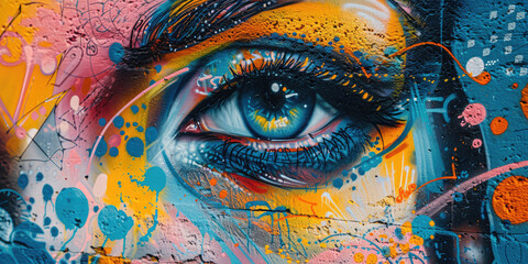 Vibrant Urban Graffiti Artwork female eyes. A detailed close-up of colorful graffiti art, showcasing urban street culture and creativity.