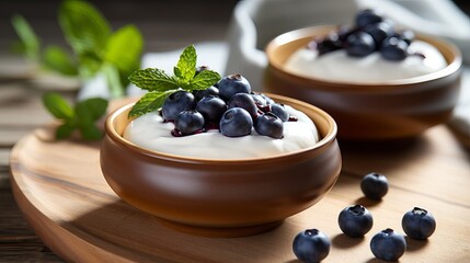 Light greek yogurt or cream dessert with fresh blueberries served in two white bowls