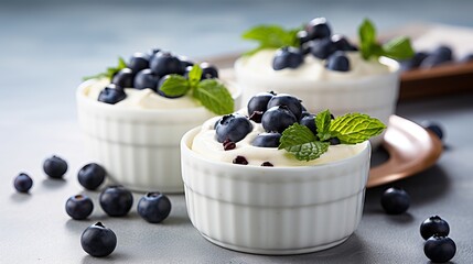 Light greek yogurt or cream dessert with fresh blueberries served in two white bowls