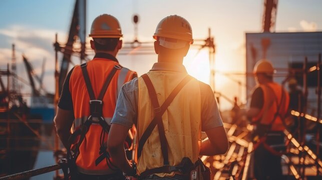 Skyscraper cleaning crew in safety gear on scaffolding washing glass windows of building