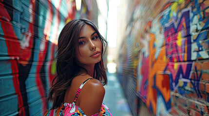 Naklejka premium A stylish young woman poses with a contemplative gaze in a vibrant graffiti-covered alley, highlighting urban street fashion. 