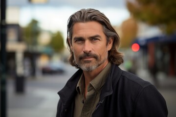Fototapeta premium Handsome middle-aged man with grey hair and beard in a urban setting.