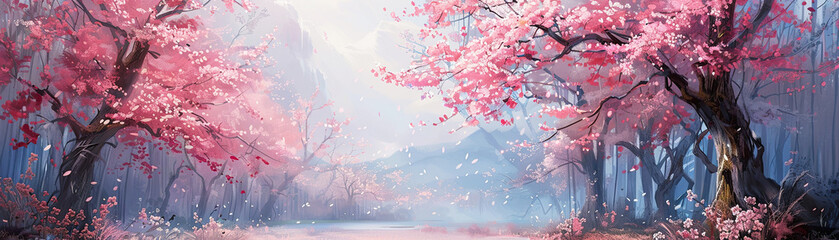 A serene, panoramic illustration of a mystical forest filled with towering pink cherry blossoms against a soft, misty background.
