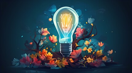 light bulb concept with flowers illustration - obrazy, fototapety, plakaty