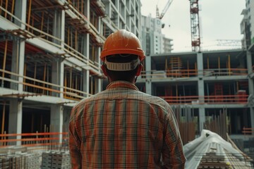 Back view of a construction worker facing a building site with cranes.