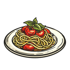 Spaghetti with tomato sauce and basil on a plate. Vector illustration