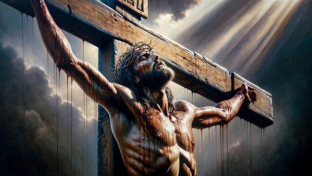 The Sacrificial Blood in Divine Illumination - Jesus Christ Crucified on the Cross with Rays of Light and Dripping Blood.
