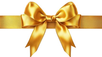 Gold ribbon satin bow isolated on white background, horizontal element for decoration gift boxes, Generative AI