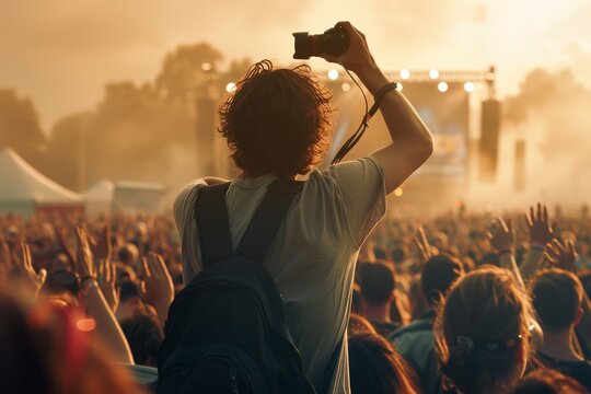 Back view of a photographer taking photos at an outdoor music festival.