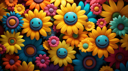 Colorful flowers with smiley faces. Generative AI
