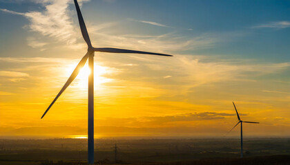 Wind turbine generating electricity and sunset