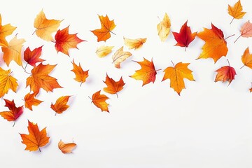 Falling autumn foliage on white background, isolated colorful leaves. Generative AI technology, Generative AI
