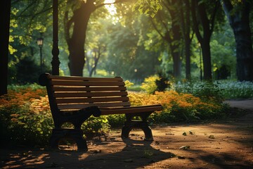 Empty park bench bathed in golden sunlight with lush greenery around.