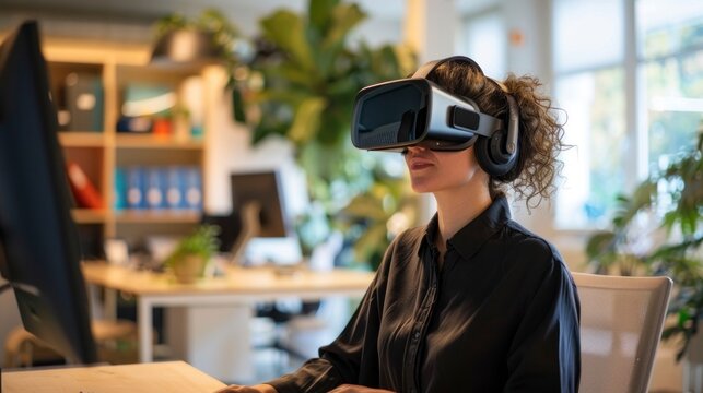 Beautiful woman in an office working with real virtual reality glasses in high resolution and high quality. concept office, work, artificial intelligence